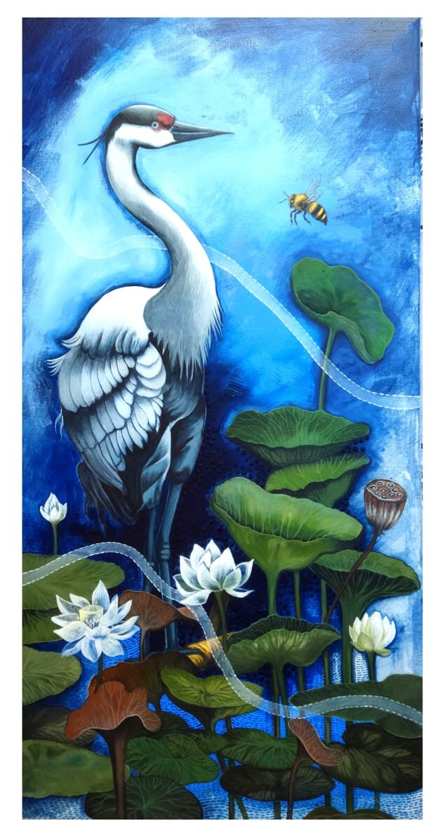 CRANE AND THE LOTUS POND