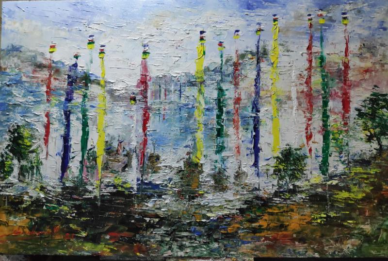 6. Prayer Flags 46X 36 Inch Acrylic With Spetula On Canvas